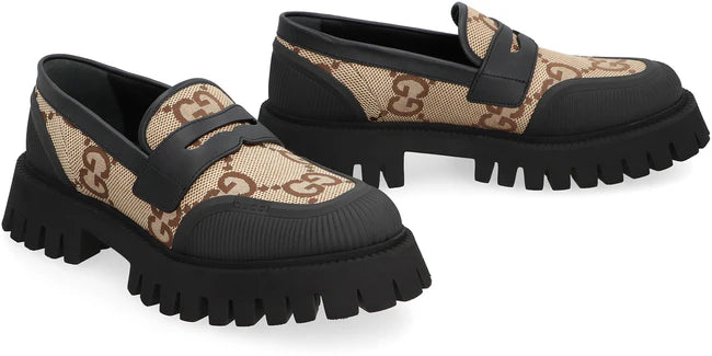 Gucci  Black & Beige Monogram Logo Loafers Veronique Luxury Collections