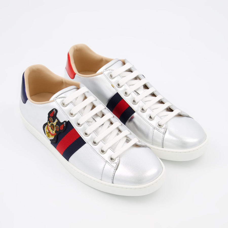 GUCCI  Silver Tone Leather Ace Dog Trainers Veronique Luxury Collections