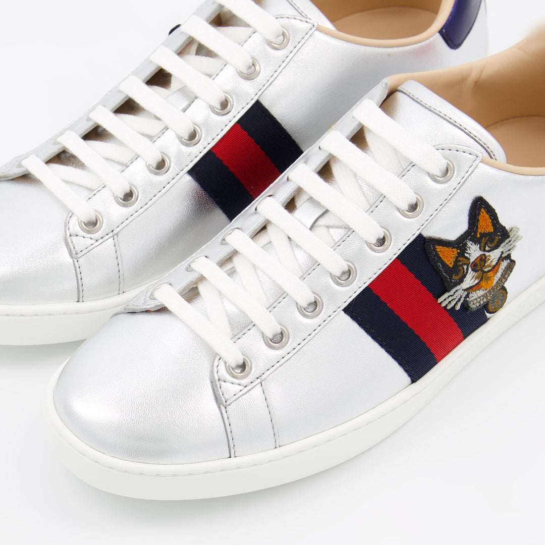 GUCCI  Silver Tone Leather Ace Dog Trainers Veronique Luxury Collections
