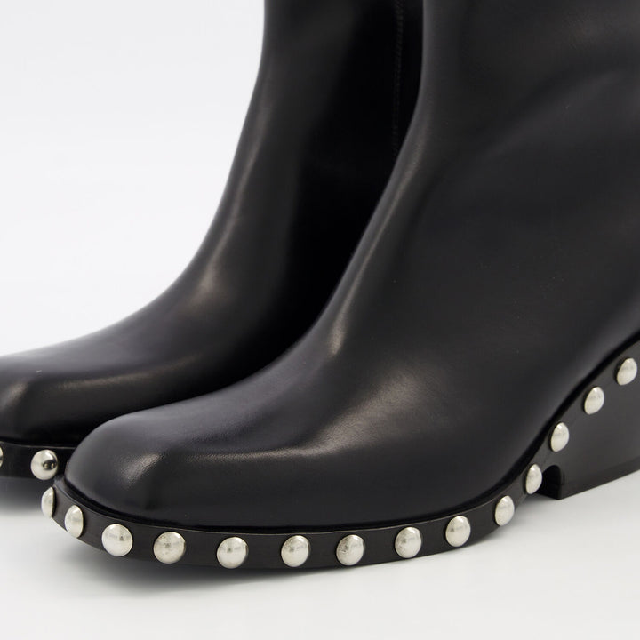 KHAITE  Black Leather Studded Heeled Ankle Boots Veronique Luxury Collections