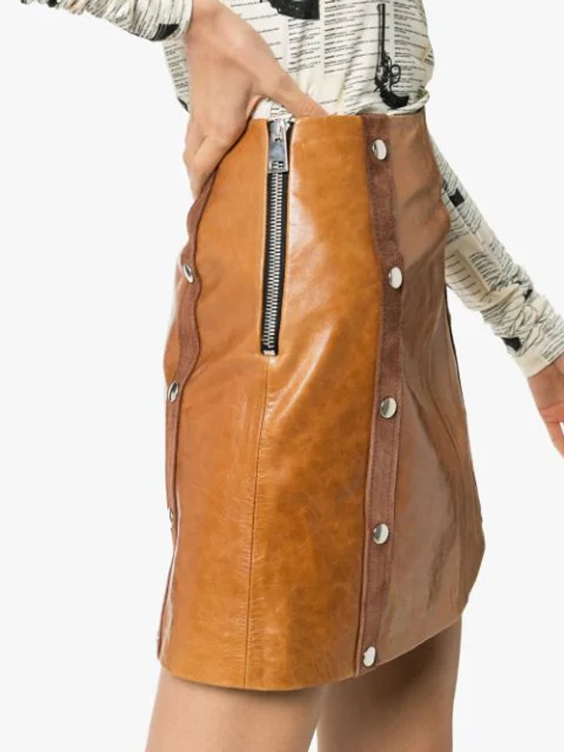 DE LA VALI  Tan Leather Mandy Mini Skirt Veronique Luxury Collections