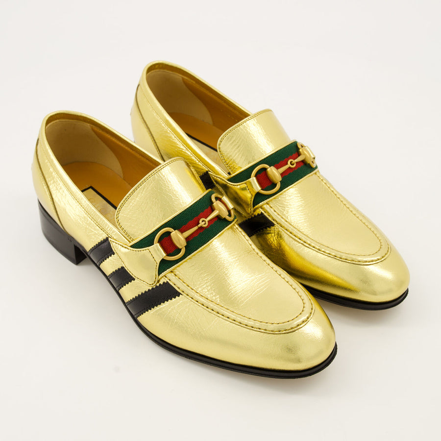 GUCCI X ADIDAS  Gold & Black Leather Quentin Snaffle Loafers Veronique Luxury Collections