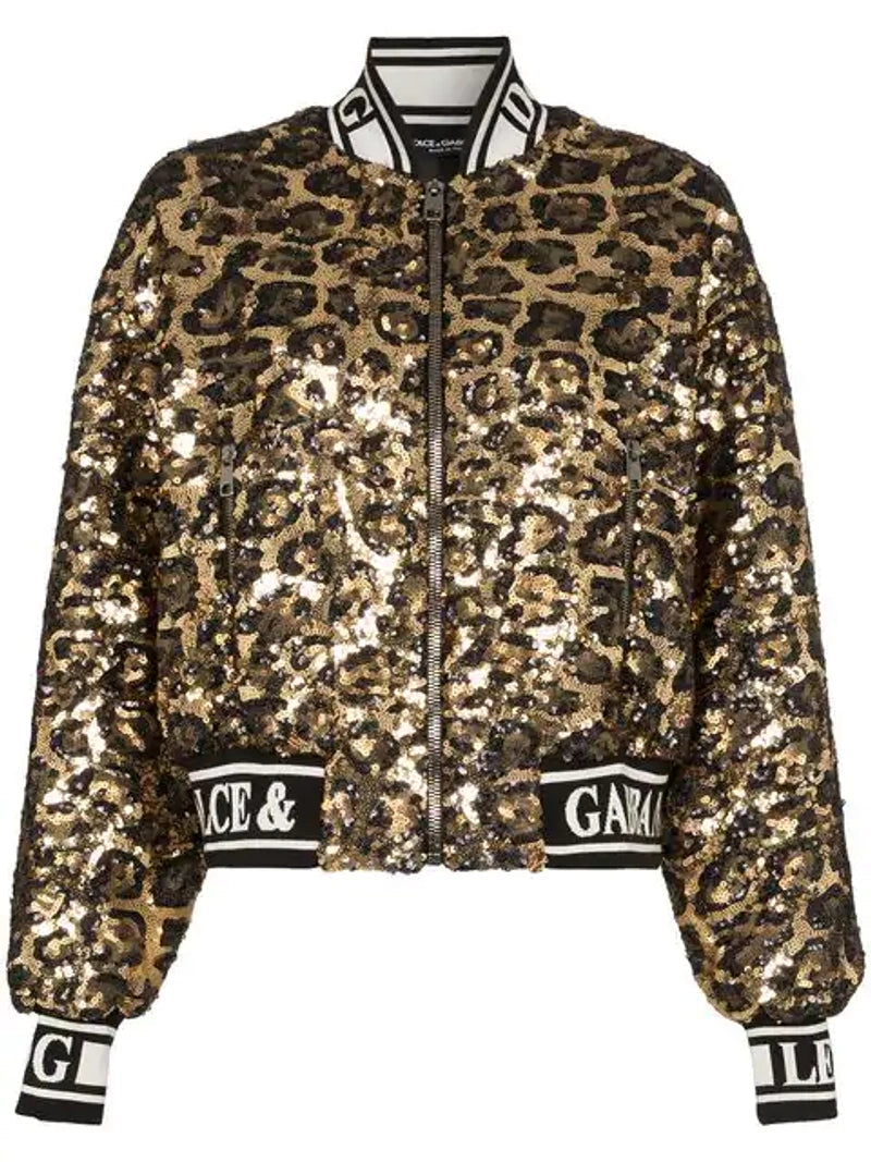 Dolce & Gabbana Sequin Embellished Leopard Print Bomber Jacket Veronique Luxury Collections