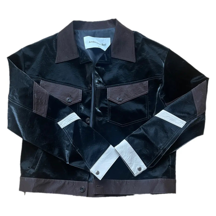 Andersson Bell Black Crinkled Trucker Faux-Leather Jacket Veronique Luxury Collections