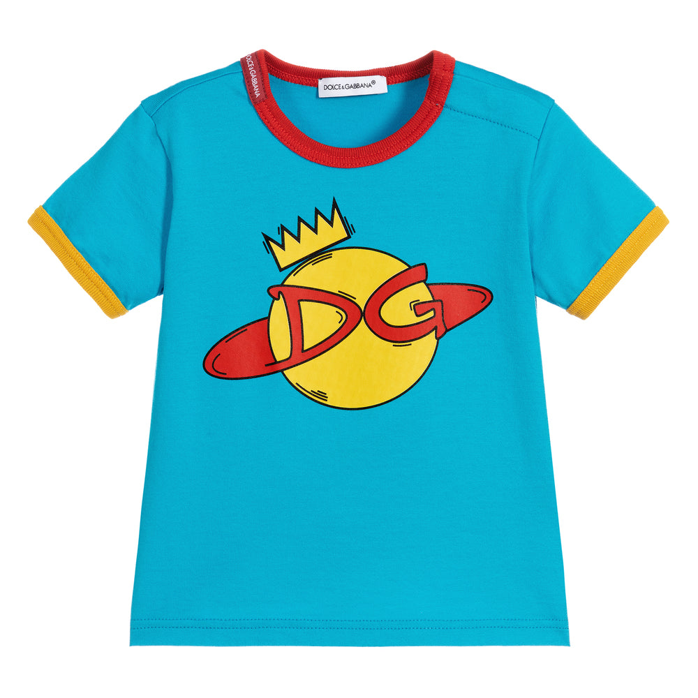 DOLCE & GABBANA Blue Crowned Planet T Shirt Veronique Luxury Collections