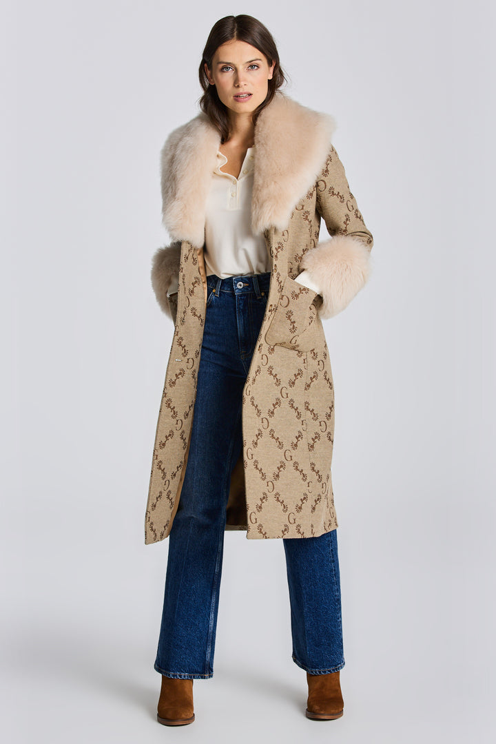 GANT  Toffee Beige Wool Jacquard Monogram Coat Veronique Luxury Collections