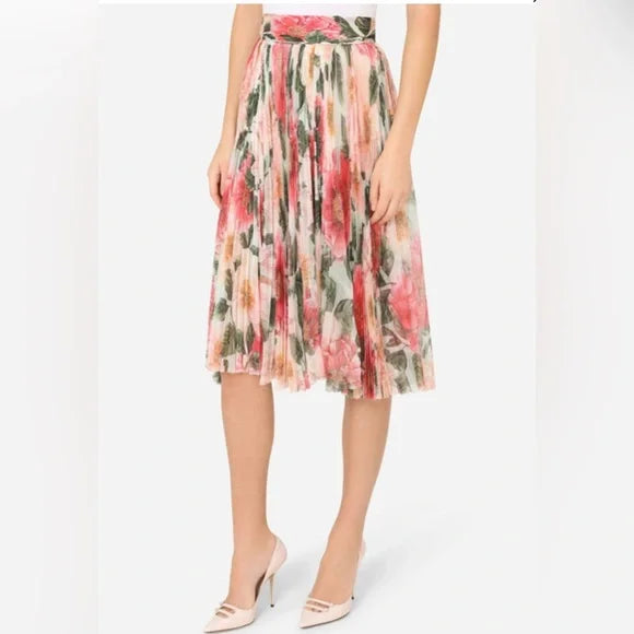 DOLCE & GABBANA  floral-print  Multicolour Plisse Pleat Silk Midi Skirt Veronique Luxury Collections