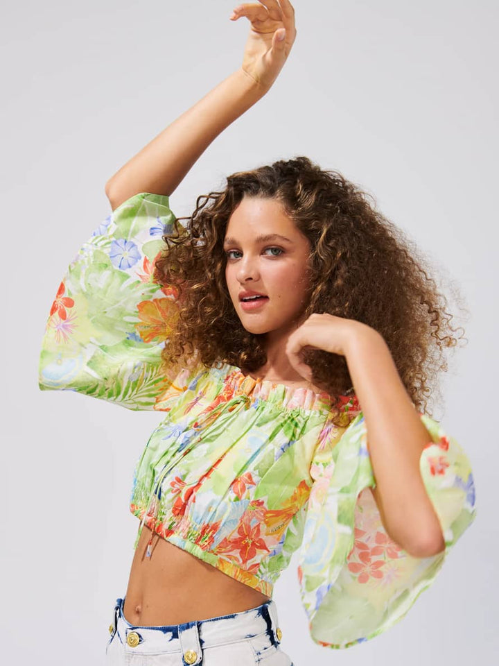 HAYLEY MENZIES  Green & Multi Abundant Blooms Crop Top Veronique Luxury Collections