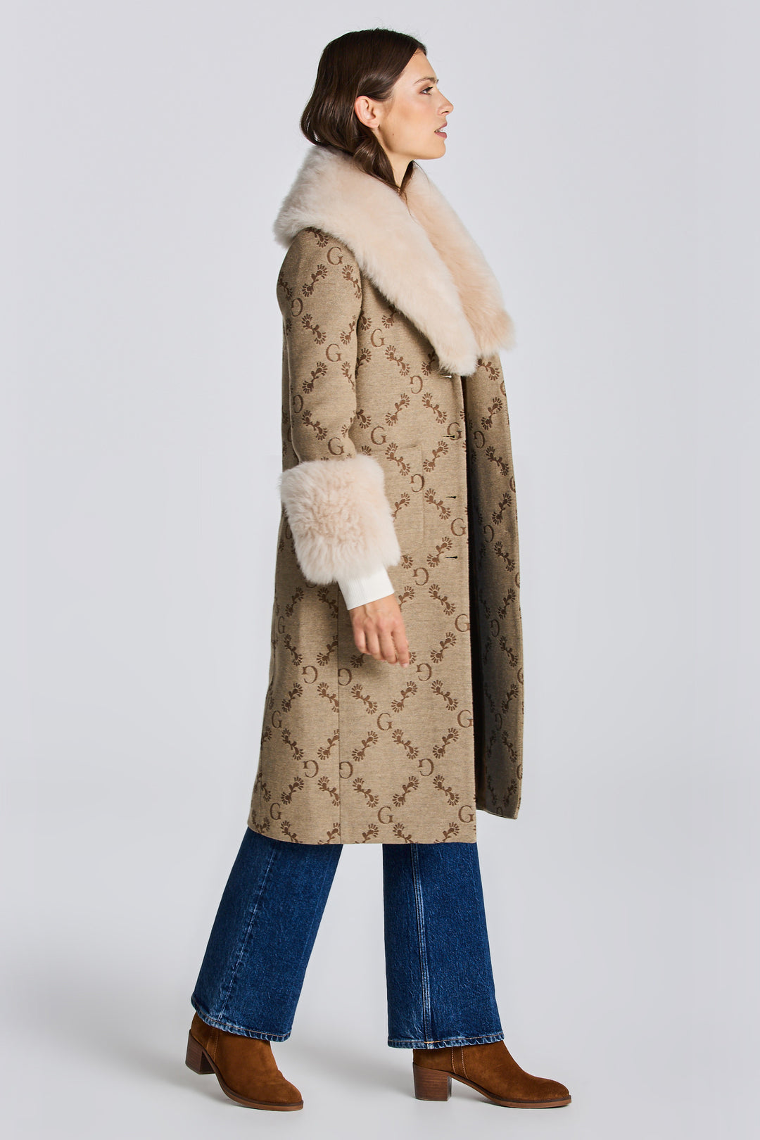 GANT  Toffee Beige Wool Jacquard Monogram Coat Veronique Luxury Collections