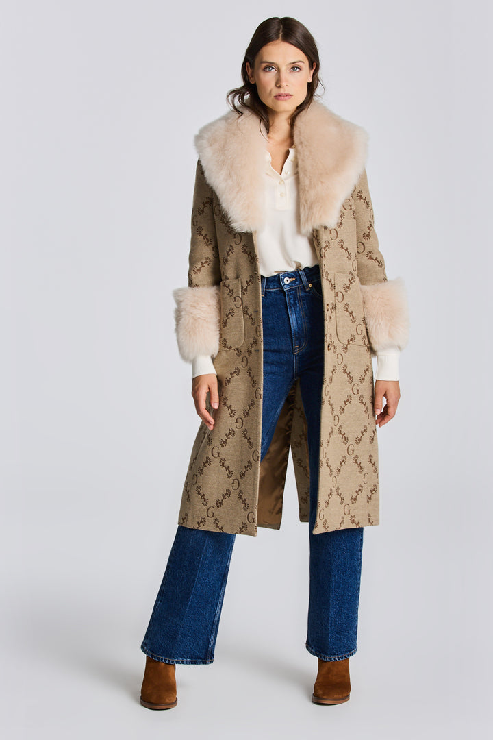 GANT  Toffee Beige Wool Jacquard Monogram Coat Veronique Luxury Collections