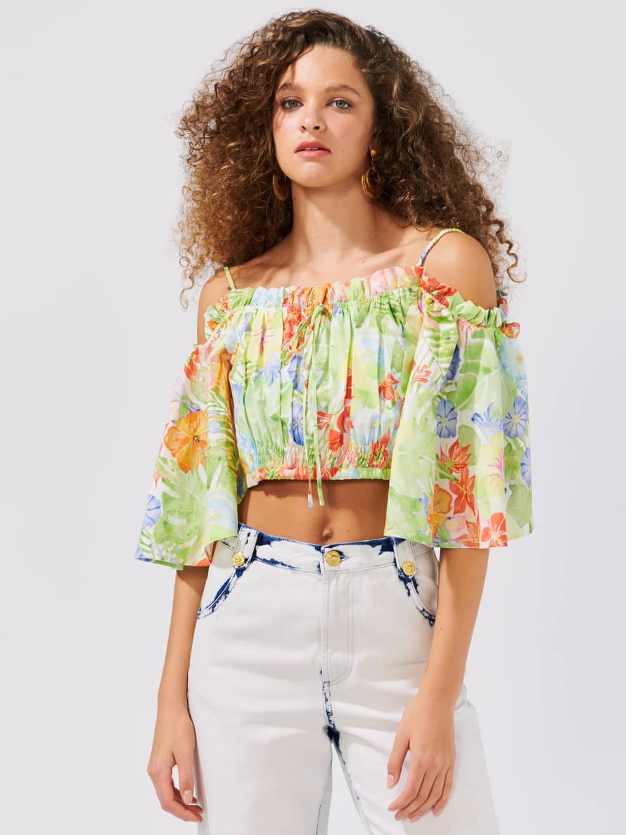 HAYLEY MENZIES  Green & Multi Abundant Blooms Crop Top Veronique Luxury Collections