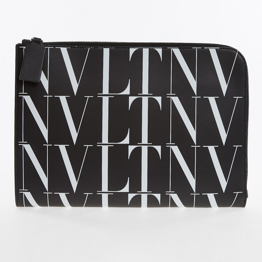 VALENTINO GARAVANI  Black & White Logo Text Pouch Bag Veronique Luxury Collections