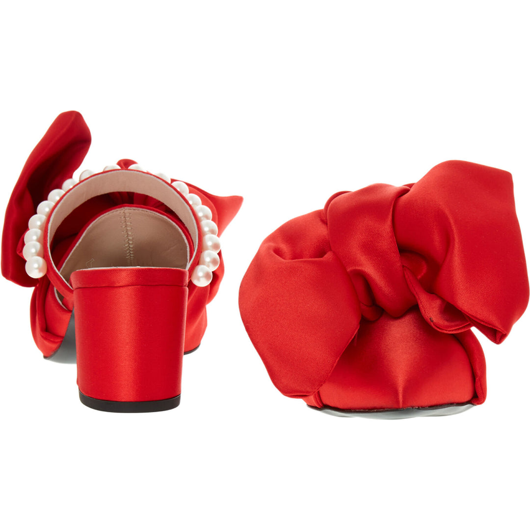 MOTHER OF PEARL  Women's Red Ivy Mules Ruby Bow Wedge Heels Veronique Luxury Collections
