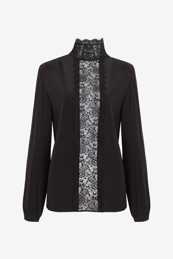 SLY010 Black SHIRT ,Chantilly lace see through silk blouse with high collar. Veronique Luxury Collections