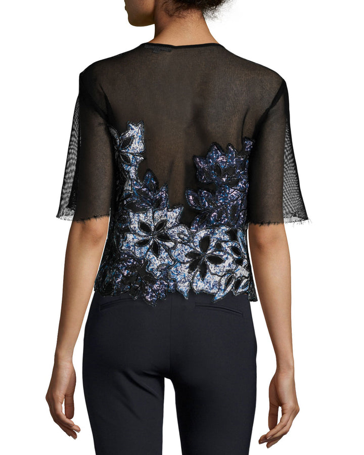Rebecca Taylor Short-Sleeve Embroidered Mesh Top Veronique Luxury Collections