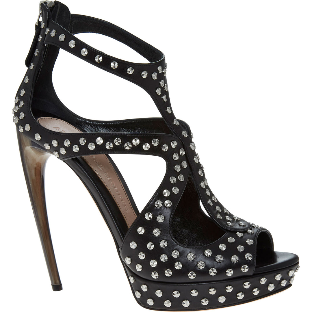 ALEXANDER MCQUEEN  Black Leather Studded Heeled Sandals Veronique Luxury Collections