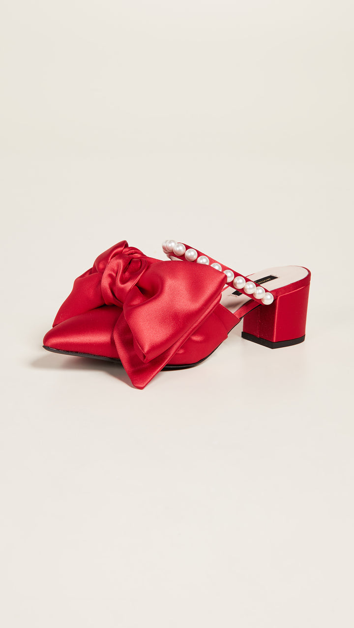MOTHER OF PEARL  Women's Red Ivy Mules Ruby Bow Wedge Heels Veronique Luxury Collections