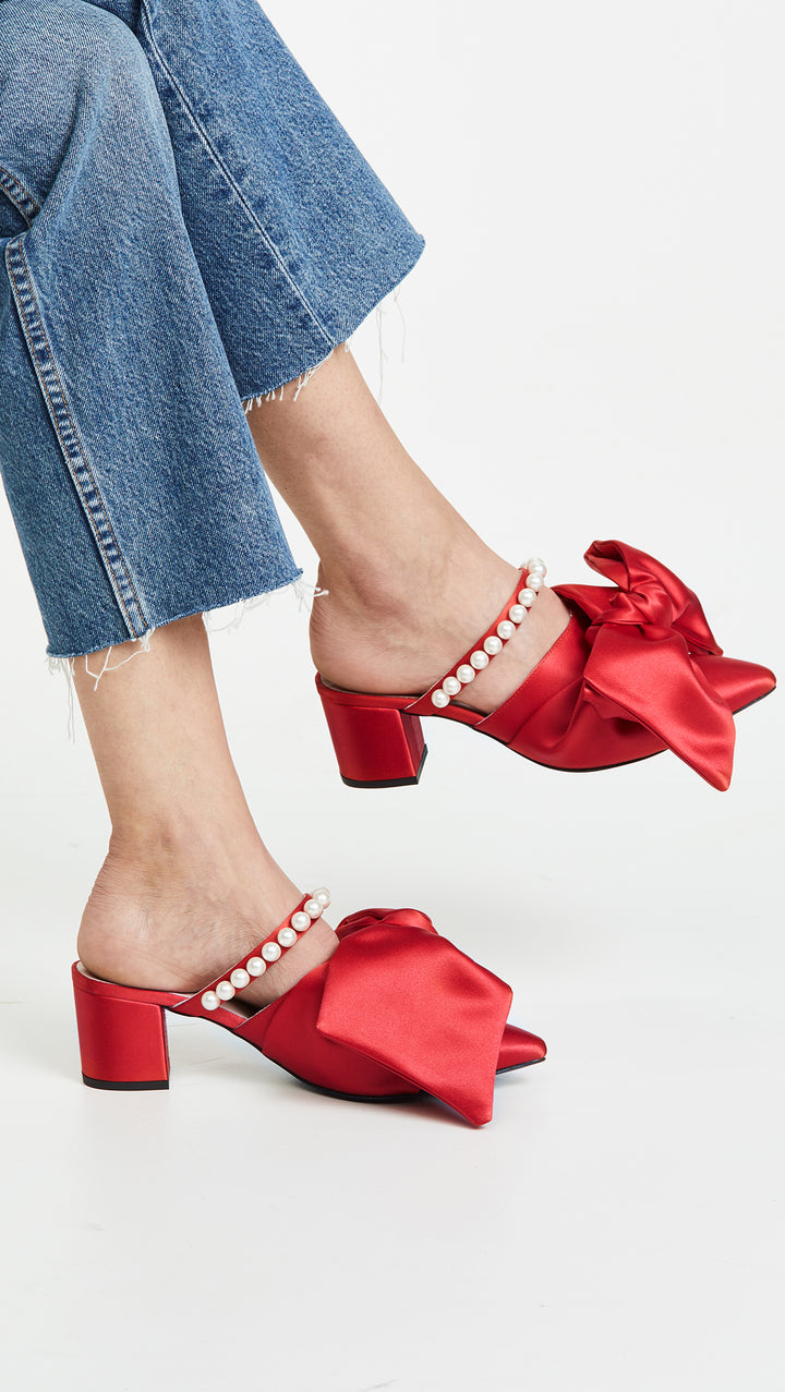 MOTHER OF PEARL  Women's Red Ivy Mules Ruby Bow Wedge Heels Veronique Luxury Collections