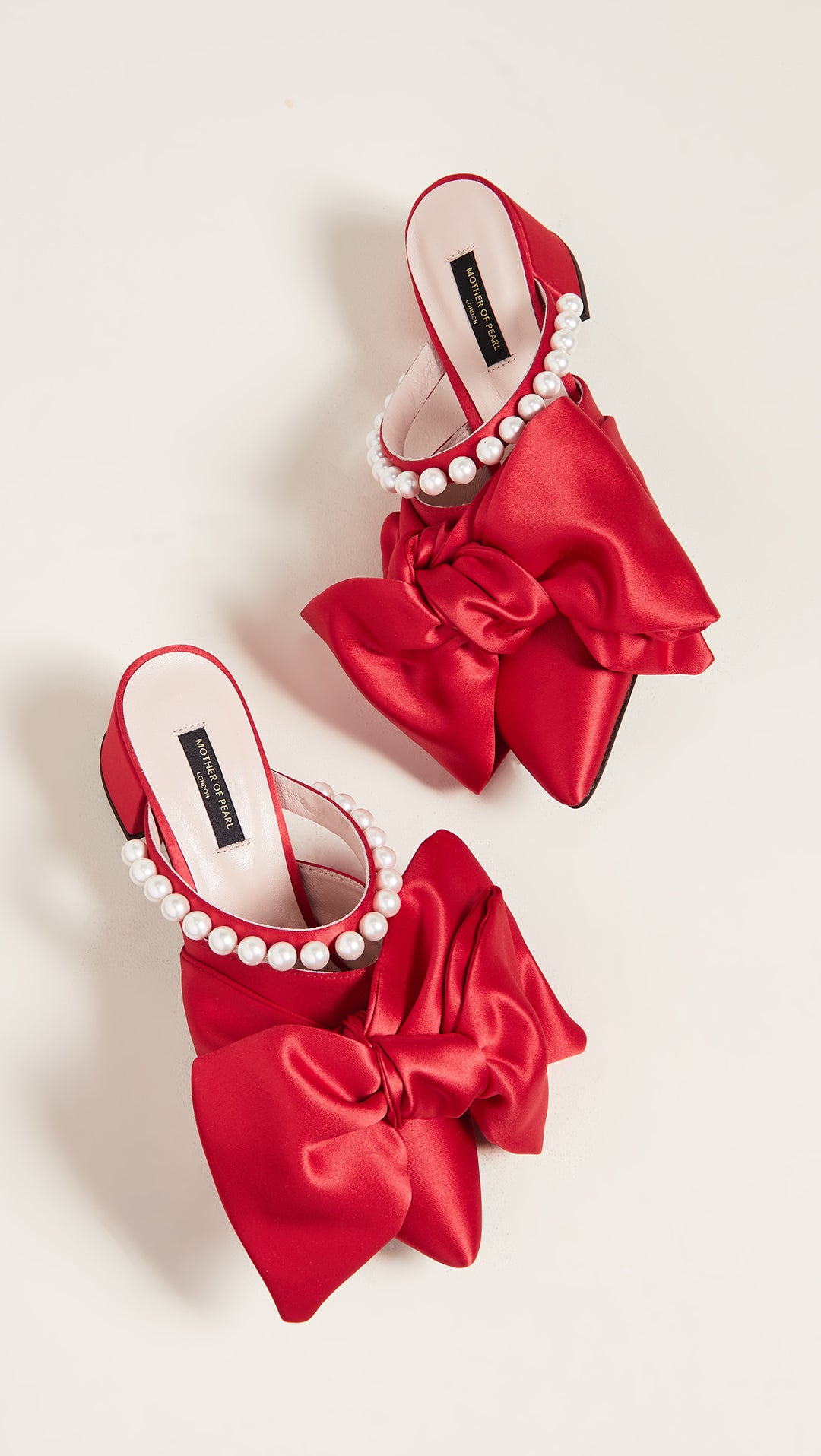 MOTHER OF PEARL  Women's Red Ivy Mules Ruby Bow Wedge Heels Veronique Luxury Collections
