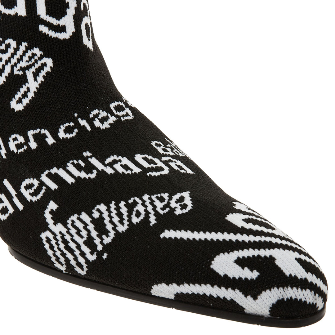BALENCIAGA Black & White Heeled  Monogram Knit Ankle Boots Veronique Luxury Collections