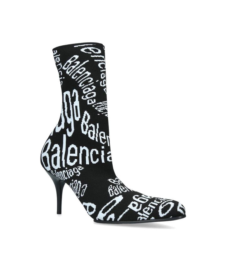 BALENCIAGA Black & White Heeled  Monogram Knit Ankle Boots Veronique Luxury Collections
